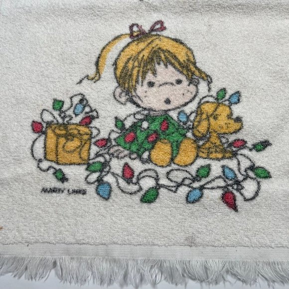 Vintage Marty Links Christmas Towel 15 x 24 Girl w/ Dog and Christmas Lights - Picture 2 of 8